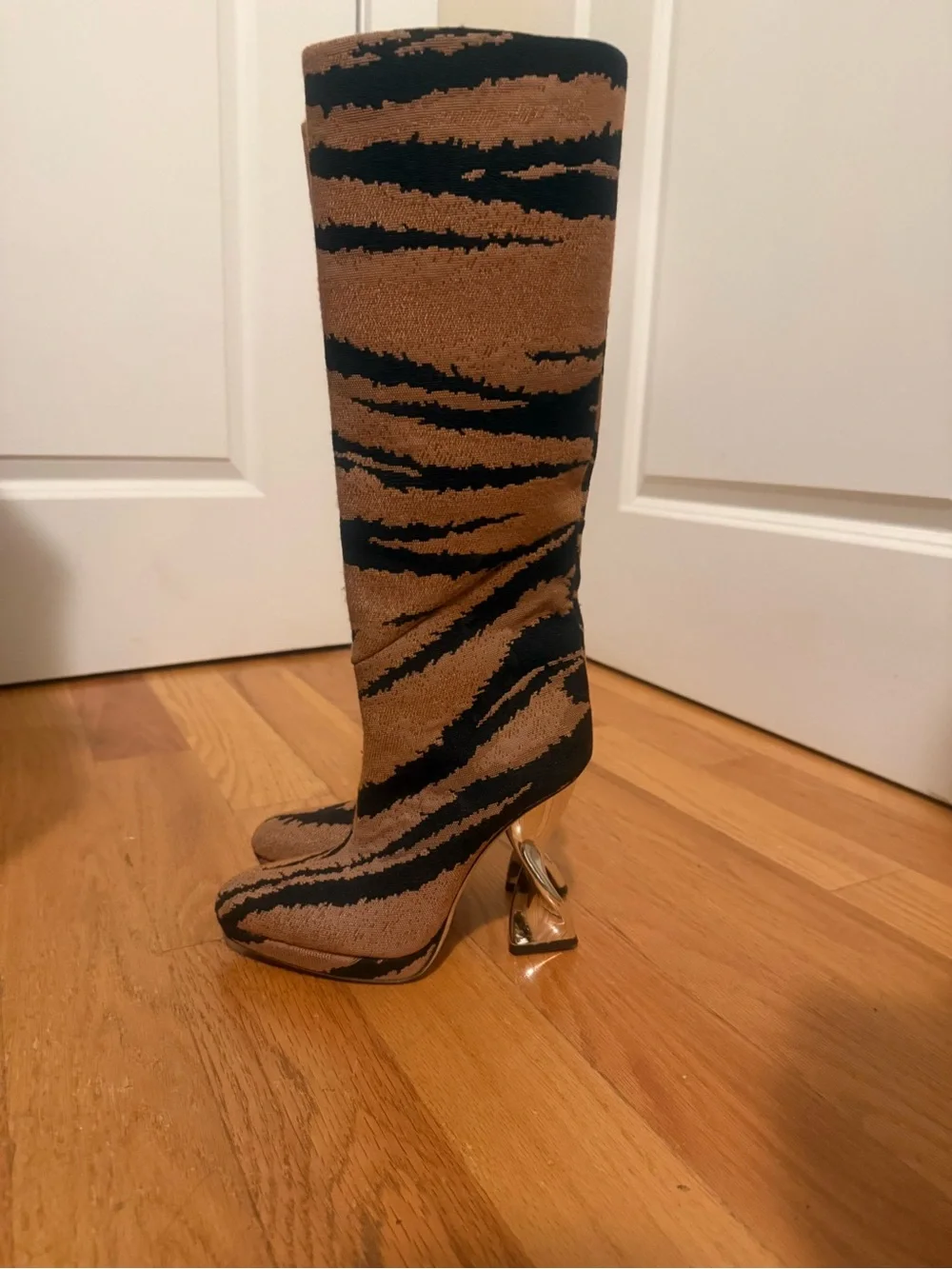 Brandon Maxwell Jacquard Brown and Black Tiger-Stripe Over-the-Knee Boots